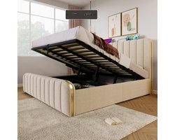SINGULARITY-Gestoffeerd tweepersoonsbed- hoofdbord met gouden sierstrepen en USB Type-C 180 x 200 cm- hydraulisch opbergbed- zonder matras