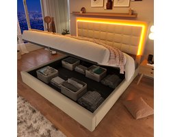 SINGULARITY-Gestoffeerd tweepersoonsbed inclusief led-verlichtingsstrip- bedframe 140x200cm- opbergbed- functioneel bed- bekleding van wit imitatieleer- zonder matras