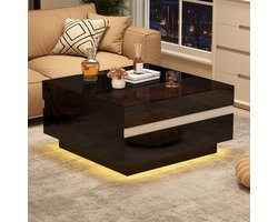 SINGULARITY Kafietafel - 70 x 70 x 36 cm - vierkant - met LED-verlichting - 2 lades - hoogglans - geometrisch ontwerp - Zwart