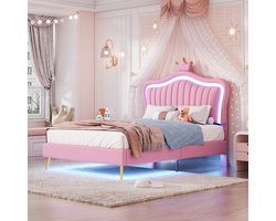 SINGULARITY Kinderbed - 90 x 200 cm - Meisjesbed - Gemaakt van PU leer - Met LED verlichting - Lattenbodem en rugleuning (Geen matras) - Roze