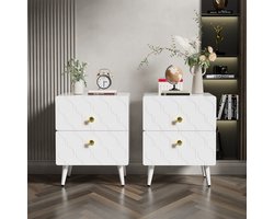 SINGULARITY Nachtkastje-Goud vergulde knoppen-Golfpatroon-Set van 2-2 Lades-Gelakt-39,5 B*40 D*50 Hcm-Wit