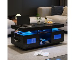 SINGULARITY Salontafel-Hoogglans Serie-100 x 50 x 43 cm-Zwart -LED Verlichting-Met oplaadpoort en stopcontact-Opbergruimte