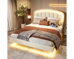 SINGULARITY-Tweepersoonsbed 140x200 cm in wit met zwevend design- LED-verlichting-hoofdbord in de vorm van bloemblaadjes en praktische opbergruimte–wit-zonder matras