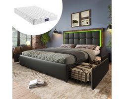 SINGULARITY-Tweepersoonsbed gestoffeerd bed 160x200cm- bedframe met LED en 4 lades- in hoogte verstelbaar hoofdeinde- PU zwart met matras