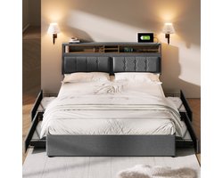 SINGULARITY-Tweepersoonsbed met 4 lades en USB-C-aansluiting- gestoffeerd bed 160x200 cm- in hoogte verstelbaar hoofdeinde- houten lattenbodem. Zonder matras.