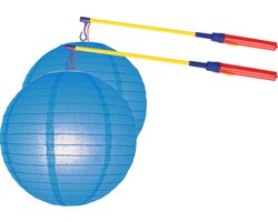 Sint Maarten 2x stuks blauwe lampionnen 25 cm met 2x lampionstokjes