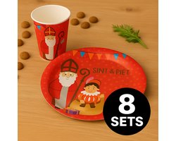 Sinterklaas Bordjes & Bekers Set – 8 Sets – Feestartikelen Sint & Piet – Borden 18 cm + Bekers 400 ml – Sinterklaas Versiering Tafel