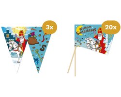 Sinterklaas Versiering Vlaggenpakket Midden - 3x Vlaggenlijn 10m & 20x Zwaaivlaggetjes - Tuin & Gevel Decoratie