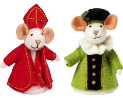 Sintermuis en Pietermuis Groen - Set - Vilten Muisjes - Fairtrade - Vilten Figuren Sint & Piet - Creme & Rood & Groen & Zwart - 18cm - Sjaalmetverhaal
