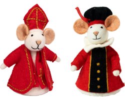 Sintermuis en Pietermuis Rood - Set - Vilten Muisjes - Fairtrade - Vilten Figuren Sint & Piet - Creme & Rood & Zwart - 18cm - Sjaalmetverhaal