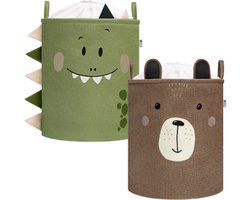 SIPO Speelgoedmand - Opbergbak - Opbergmand - Set van 2 - Bruine Beer & Groene Dino Design - Opvouwbare Katoen Mand - Voor Speelgoed & Kleding - XXL - 63 Liters - 40 x 40 x 50 cm - Bruin & Groen