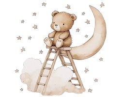 Sipo Wandsticker Beer op Ladder - Zelfklevende Muurdecoratie voor Kinderkamer - 62x60 cm - Schattige Beer Sticker voor Babykamer en Peuterruimte - Muursticker Kinderkamer