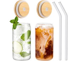 Sipy Drinkglazen (2 stuks) met Bamboe deksel en glazen rietje – Bubble tea beker – Longdrinkglazen – Ijs koffiebeker – Mason Jar – cocktailglazen – Smoothie beker
