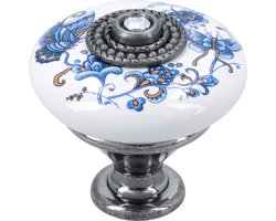 SIRO meubelknop wit porselein - Blauwe bloemen & vlinder - Ø 32 mm x 30 mm hoog - Voet antiek zilver