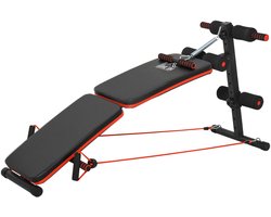 Sit-upbank, buiktrainer met trainingskoorden, trainingsbank, multifunctioneel, verstelbaar en opklapbaar, draagvermogen 110 kg, staal, zwart+rood, 137 x 51 x 50-66 cm