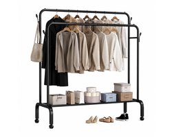 Sivableu Kledingrek XL - Metalen Wieltjes - Garderoberek met Schoenenrek - Met Haken en Dubbele Stang - Kledingstang - Open Kledingkast - Klerenrek - 150 x 153 x 35 - Zwart