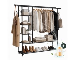 Sivableu Kledingrek XXL - Metalen Wieltjes - Garderoberek met Schoenenrek - Met Haken en Dubbele Stang - Kledingstang - Open Kledingkast - Klerenrek - 150 x 153 x 35 - Zwart