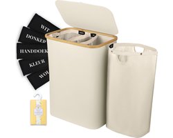 Sivableu Wasmand Beige 3 vakken – Wassorteerder – 160L – 3 uitneembare zakken – Wasmand met Deksel – opvouwbaar - Laundry Basket - Wasbox - Bamboe - Labels