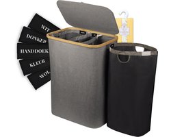 Sivableu Wasmand Zwart 3 vakken – Wassorteerder – 160L – 3 uitneembare zakken – Wasmand met Deksel – opvouwbaar - Laundry Basket - Wasbox - Bamboe - Labels