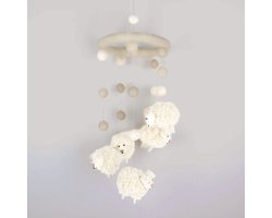 Sjaal met Verhaal - Mobile met 5 wollen schapen met witte pootjes - hoogte 50 cm