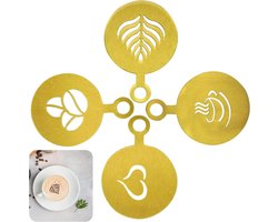 Sjablonen voor cappuccino en koffie - Roestvrij stalen koffiesjablonen set voor cacaostrooier - 4-delige koffieaccessoire set - Geschenk voor koffieliefhebbers - Taart- en koffiesjablonen