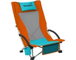 Skandika Beach Klapstoel - Stoel - Comfortabele strandstoel - Campingstoel - Lichtgewicht - Bekerhouder - Makkelijk te vervoeren - Max. 136 kg - 59x70x85 cm (BxDxH) - Opvouwbare ligstoel - Strand, kamperen, camping, festival, vissen - oranje/blauw