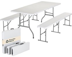 Skandika Masi Tafel/Bank Set - Tuintafel - 2 banken tot 300 kg (180 x 23 x 43cm), 1 tuintafel tot 200 kg belastbaar (180 x 74 x 74cm), gerecycled HDPE-materiaal, opvouwbaar, weerbestendig, 180 cm - biertentset, balkonmeubilair, tuinmeubilair – wit