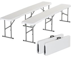 Skandika Masi Zitbank Set van 2 – Tuinbank - biertentset, opvouwbaar, tot 300 kg en 3-4 personen per bank, gerecycled HDPE-materiaal, stalen frame, weerbestendig, 180cm - Bierbank, balkonmeubilair, tuinmeubilair – 180 x 23 x 43 cm (L x B x H) - wit
