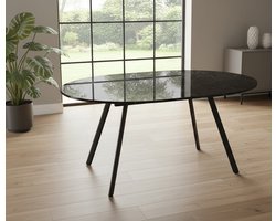 SkandiRond Uitklapbare Eettafel – Ronde Marmer Look Tafel met Vlindermechanisme, Ø120-150 cm, Uitschuifbare Keukentafel voor 4-6 Personen, Scandinavisch Design, Metalen Frame Zwart, Eetkamertafel Modern Depauwwonen