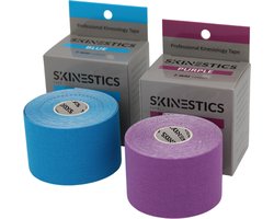 Skinestics Kinesiologie tape – Sport tape – Fysio tape – Kleur Paars + Blauw – nu 20% langer, 600 cm lang bij 5 cm breed, 170% rekbaar gelijk aan menselijke huid, standaard voorzien van extra sterke lijm, katoen, voor het hele lichaam, medical taping