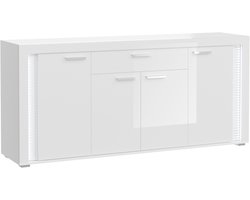 Skylight dressoir 4 deuren, 1 lade met licht hoog glans wit,glas grijs,wit.