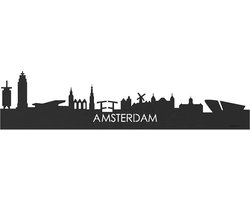 Skyline Amsterdam Zwart hout - 100 cm - Woondecoratie - Wanddecoratie - Meer steden beschikbaar - Woonkamer idee - City Art - Steden kunst - Cadeau voor hem - Cadeau voor haar - Jubileum - Trouwerij - WoodWideCities