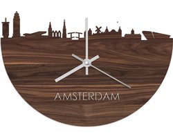 Skyline Klok Amsterdam Notenhout - Ø 40 cm - Stil uurwerk - Wanddecoratie - Meer steden beschikbaar - Woonkamer idee - Woondecoratie - City Art - Steden kunst - Cadeau voor hem - Cadeau voor haar - Jubileum - Trouwerij - Housewarming - WoodWideCities