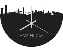 Skyline Klok Amsterdam Zwart hout - Ø 40 cm - Stil uurwerk - Wanddecoratie - Meer steden beschikbaar - Woonkamer idee - Woondecoratie - City Art - Steden kunst - Cadeau voor hem - Cadeau voor haar - Jubileum - Trouwerij - Housewarming -