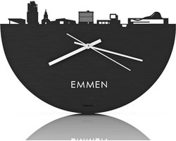 Skyline Klok Emmen Zwart hout - Ø 40 cm - Stil uurwerk - Wanddecoratie - Meer steden beschikbaar - Woonkamer idee - Woondecoratie - City Art - Steden kunst - Cadeau voor hem - Cadeau voor haar - Jubileum - Trouwerij - Housewarming - WoodWideCities