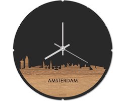 Skyline Klok Rond Amsterdam Eikenhout - Ø 44 cm - Stil uurwerk - Wanddecoratie - Meer steden beschikbaar - Woonkamer idee - Woondecoratie - City Art - Steden kunst - Cadeau voor hem - Cadeau voor haar - Jubileum - Trouwerij - Housewarming -