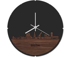 Skyline Klok Rond Breda Notenhout - Ø 44 cm - Stil uurwerk - Wanddecoratie - Meer steden beschikbaar - Woonkamer idee - Woondecoratie - City Art - Steden kunst - Cadeau voor hem - Cadeau voor haar - Jubileum - Trouwerij - Housewarming -