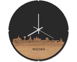 Skyline Klok Rond Wijchen Eikenhout - Ø 44 cm - Stil uurwerk - Wanddecoratie - Meer steden beschikbaar - Woonkamer idee - Woondecoratie - City Art - Steden kunst - Cadeau voor hem - Cadeau voor haar - Jubileum - Trouwerij - Housewarming -