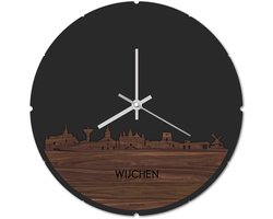 Skyline Klok Rond Wijchen Notenhout - Ø 44 cm - Stil uurwerk - Wanddecoratie - Meer steden beschikbaar - Woonkamer idee - Woondecoratie - City Art - Steden kunst - Cadeau voor hem - Cadeau voor haar - Jubileum - Trouwerij - Housewarming -