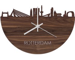 Skyline Klok Rotterdam Notenhout - Ø 40 cm - Stil uurwerk - Wanddecoratie - Meer steden beschikbaar - Woonkamer idee - Woondecoratie - City Art - Steden kunst - Cadeau voor hem - Cadeau voor haar - Jubileum - Trouwerij - Housewarming - WoodWideCities