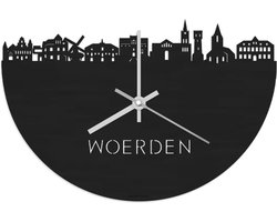 Skyline Klok Woerden Zwart hout - Ø 40 cm - Stil uurwerk - Wanddecoratie - Meer steden beschikbaar - Woonkamer idee - Woondecoratie - City Art - Steden kunst - Cadeau voor hem - Cadeau voor haar - Jubileum - Trouwerij - Housewarming - WoodWideCities