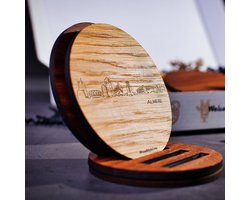 Skyline Onderzetters Almere - Eiken en noten hout - 4 stuk(s) + houder - Ø 9 cm Rond - Cadeau - Woon decoratie - Woonkamer - WoodWideCities