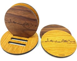 Skyline Onderzetters Ameland - Eiken en noten hout - 4 stuk(s) + houder - Ø 9 cm Rond - Cadeau - Woon decoratie - Woonkamer - WoodWideCities