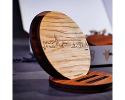 Skyline Onderzetters Amersfoort - Eiken en noten hout - 4 stuk(s) + houder - Ø 9 cm Rond - Cadeau - Woon decoratie - Woonkamer - WoodWideCities