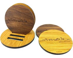 Skyline Onderzetters Den Helder - Eiken en noten hout - 4 stuk(s) + houder - Ø 9 cm Rond - Cadeau - Woon decoratie - Woonkamer - WoodWideCities