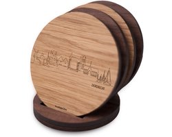 Skyline Onderzetters Dordrecht - Eiken en noten hout - 4 stuk(s) + houder - Ø 9 cm Rond - Cadeau - Woon decoratie - Woonkamer - WoodWideCities