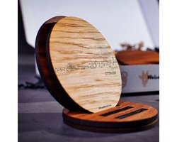 Skyline Onderzetters Etten-Leur - Eiken en noten hout - 4 stuk(s) + houder - Ø 9 cm Rond - Cadeau - Woon decoratie - Woonkamer - WoodWideCities