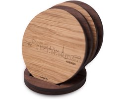 Skyline Onderzetters Heerenveen - Eiken en noten hout - 4 stuk(s) + houder - Ø 9 cm Rond - Cadeau - Woon decoratie - Woonkamer - WoodWideCities