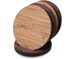 Skyline Onderzetters Leiden - Eiken en noten hout - 4 stuk(s) + houder - Ø 9 cm Rond - Cadeau - Woon decoratie - Woonkamer - WoodWideCities