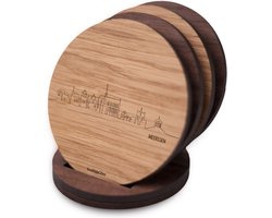 Skyline Onderzetters Meerssen - Eiken en noten hout - 4 stuk(s) + houder - Ø 9 cm Rond - Cadeau - Woon decoratie - Woonkamer - WoodWideCities